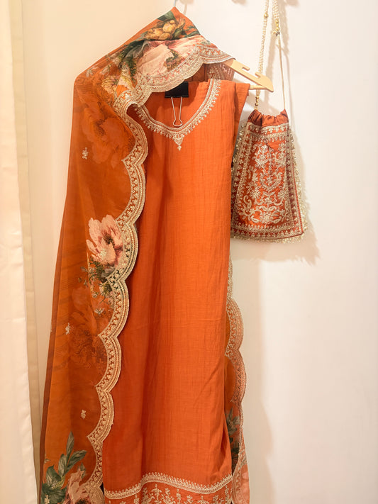 IdaraDesignsxHomake Mul Cotton Suit with embroidery and a Beautiful Matching Potli ( Rust Color, 4 Pc)